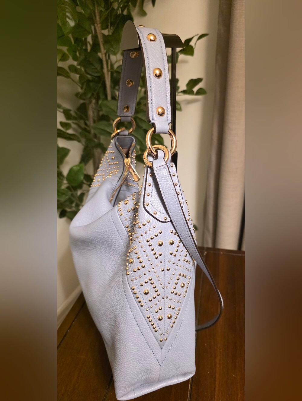 Michael Michael Kors Aria Studded Light Blue Leather Hobo Bag - Picture 3 of 10